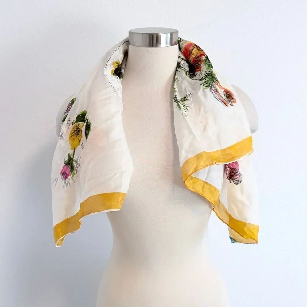 Printed Japan Yellow Silk Scarf Floral Rose Paint Art Yellow White Artist VTG